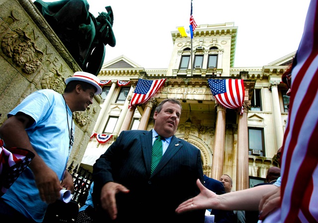 New Jersey Governor Chris Christie celebrates at a political rally