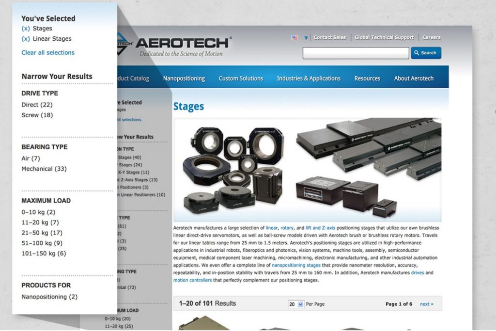 Aerotech ecommerce website product catalog