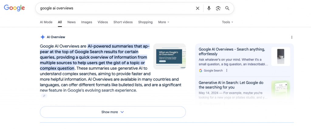 ai overviews on google search results