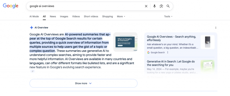ai overviews on google search results